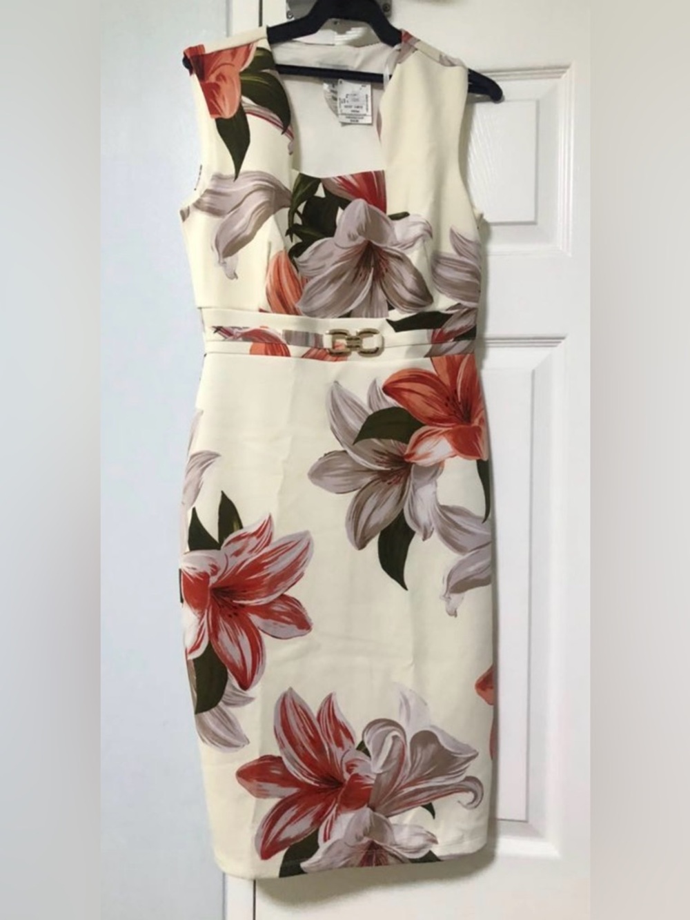 Enfocus Studio Cream Midi Dress with Red Floral Print
